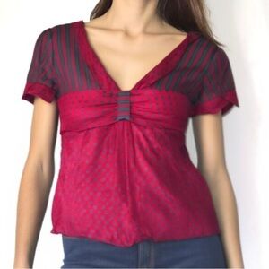 Marc Jacob Satin silk Top Blouse polka dots red silver V-Neck